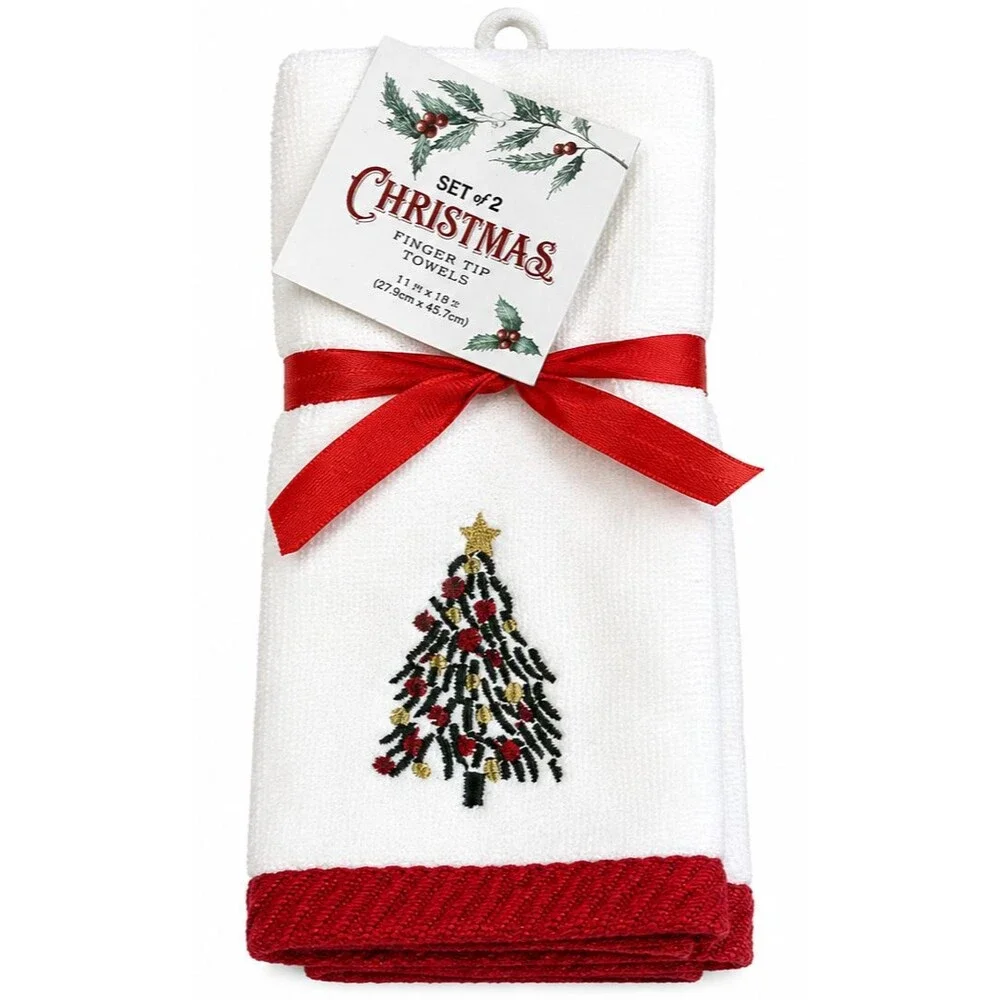 Christmas Tree Fingertip Towels Set of 2 White Embroidered 100% Cotton Guest
